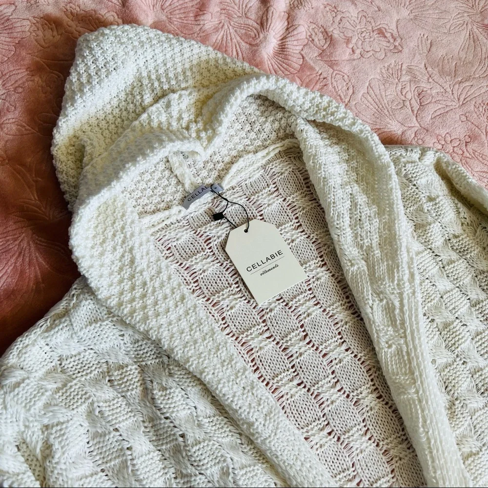 NWT Cellabie Vetements Chunky Knit Open Drape Hoodie Cardigan Sweater Ivory - Picture 2 of 12